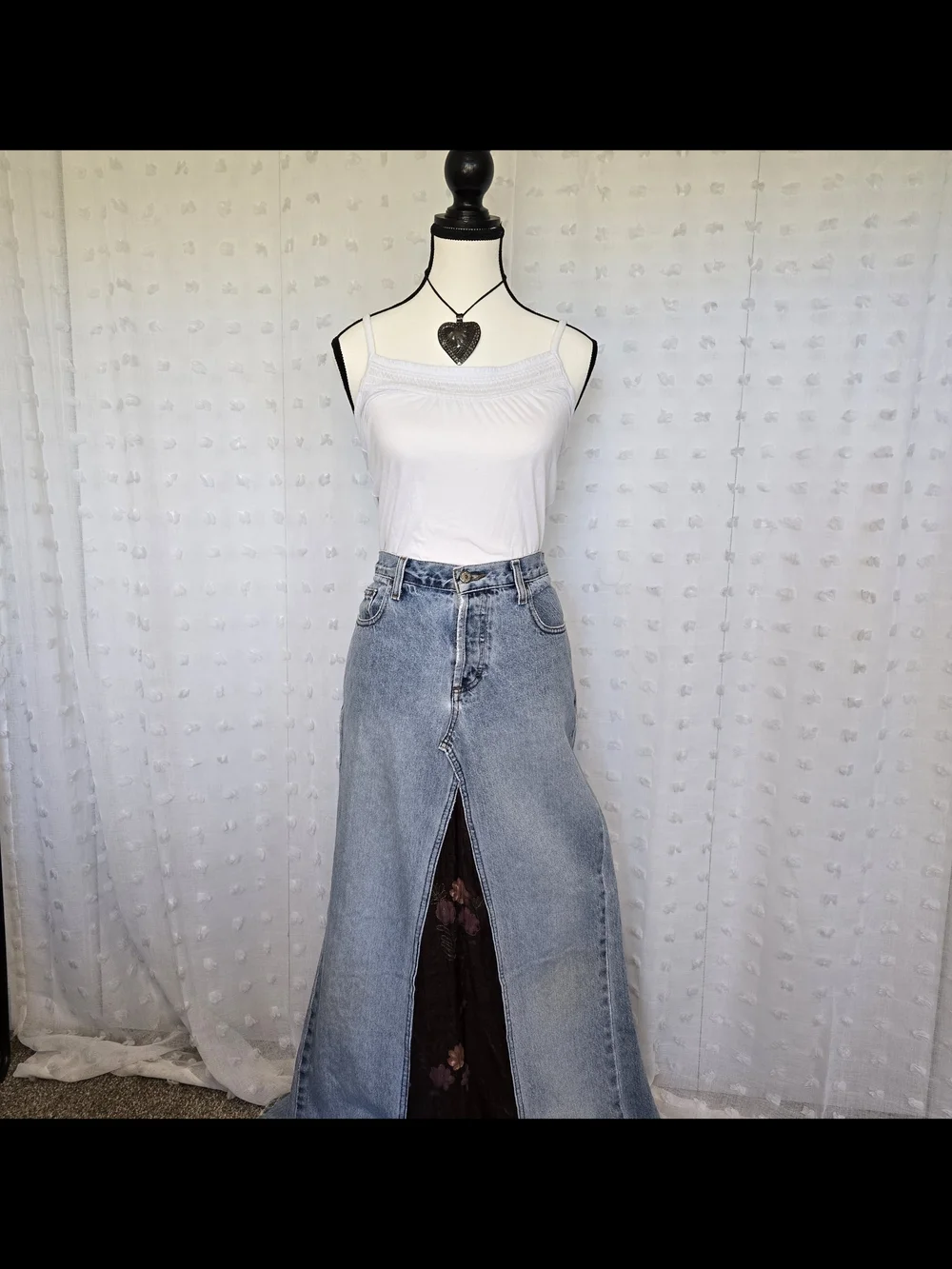 Vintage 90s American Eagle Light Wash Denim Maxi Skirt with Floral Panel - Picture 2 of 8